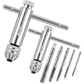 Gisafai 2 Pcs Ratchet T-Handle Tap Wrench Ratcheting T-Shaped Tap Holder Wrench for M5-M12 and M3-M8 with 5 Pcs Metric Screw Thread Tap Set