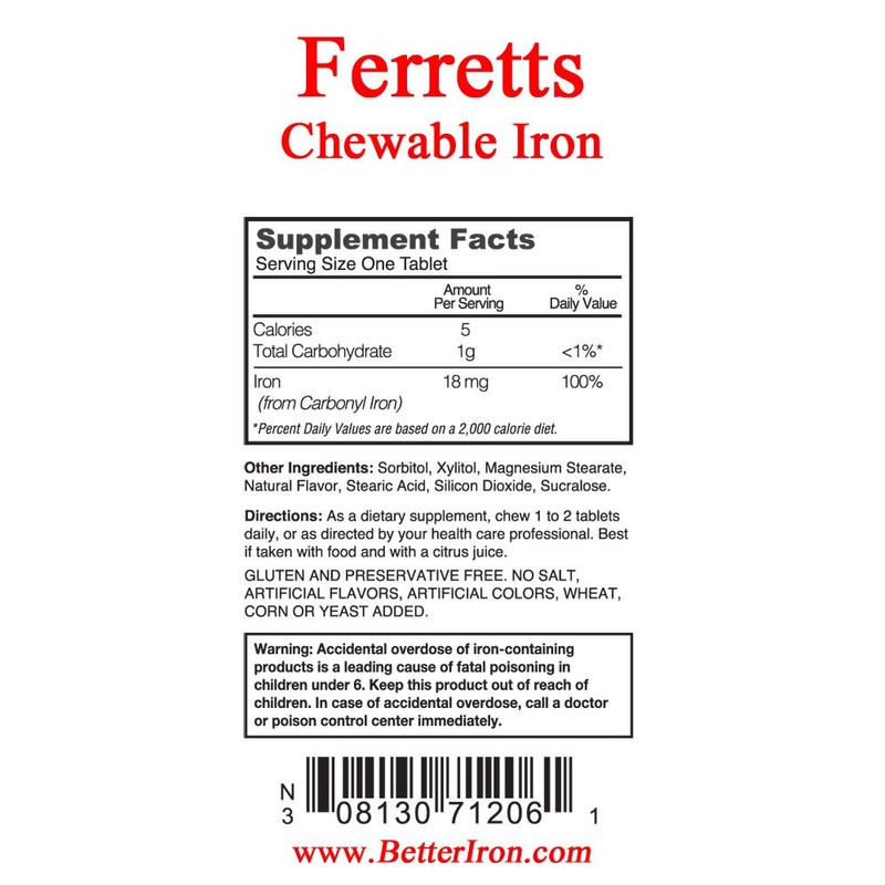 Ferretts Chewable Iron Supplement 18mg (Carbonyl Iron) - 60-Day Supply