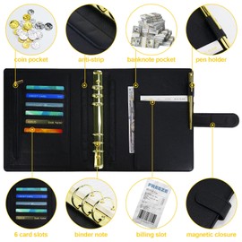 A5 PU Leather Binder 6 Ring Notebook, Lychee Pattern Refillable Notebook Binder Budget Planner with A5 Dividers, 90 Sheets A5 Refill Paper, Stickers, Travel Journal Cover for Men and Women, Black