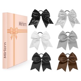 Mirlern 6 Packs Large Cheer Hair Bows, Elastic Hair Ties with Black Bows, 8 Inch Jumbo Bow with Ponytail Holder, Sequin Bling Hair Accessories for Teen Girls Softball Cheerleader Sport (Black)