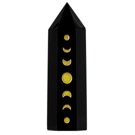 dssmboom Healing Stone Single Point Meditation Chakra Balancing Stone Engraved Moon Phase Facet Crystal Tower for Home Decoration, Black Obsidian