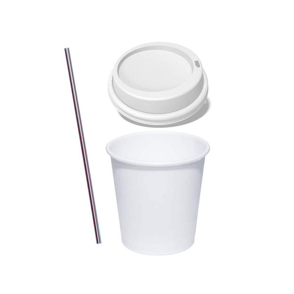 Tezzorio (50 Sets) 4 oz White Paper Hot Cups with Lids and Stirrers, To Go Espresso Shot Cups with Travel Lids