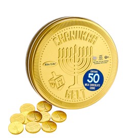Rite Lite Hanukkah Chocolate Gelt Gold Collectible Tin with 50 Gold Foiled Coins, Kosher Dairy Hanukkah Gelt – Festive Jewish Holiday Party Favors Metal Tin Judaica Hostess Gifts Made in Israel 5.3 Oz