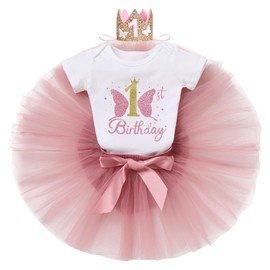 Fairy First Birthday Outfit: 1 Year Old Girl's Princess Tutu Dress & Romper Set With Sequin Crown - White 1T