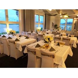 SINSSOWL 100PCS Stretch Wedding Chair Bands with Buckle Lycra Slider Sashes Bow Decorations 25 Colors (Bronzing Silver) …