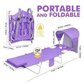 Backpack Beach Tanning Chair with Canopy Sun Shade & Face Hole, 6 Position Folding Lounge Sun Chair for Adults Outside Reading Sunbathing Poolside Camping Lawn, UPF 50+, 2 Pack, Patent Design