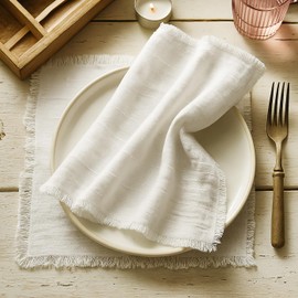 Vargottam Solid Cotton Muslin Napkins with Fringed Edges – 12 Pack | Reusable 20"x20" Table Linen with Subtle Check Texture | Soft Dining Napkins for Formal Dinners, Events and Everyday Use - White
