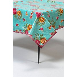 Freckled Sage Oilcloth Products Rose and Grid Aqua with Red Gingham Trim 60x102