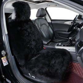 Fluffy Sheepskin Car Seat Cover-Fuzzy Fur Auto Cushion for Universal Automotive Protector (Black, 1 Pcs Front Seat Cover)