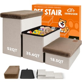 Zerbuger Dog Stairs with Furry Lids 18" H, 3-Step Wider Dog Steps with Storage for Small/Medium/Large Old Dogs Cats, Folding Sturdy Pet Stairs Climbing Bed Couch, Ramp for Car Up to 200 lbs, Khaki