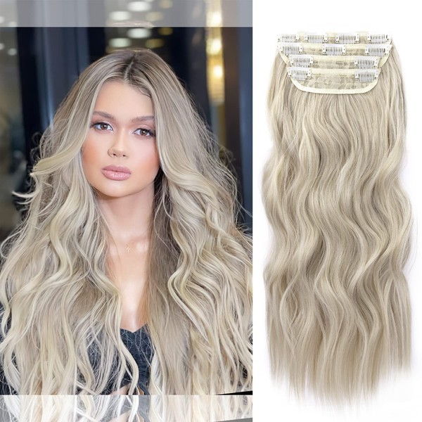 4Pcs Ash Blonde Clip in Hair Extension, Curly Hair Extension Clip in, 20 Inches Long Synthetic Hair Extensions, Soft Wavy Hair Pieces for Women Full Head (Ash Blonde, 4pcs)