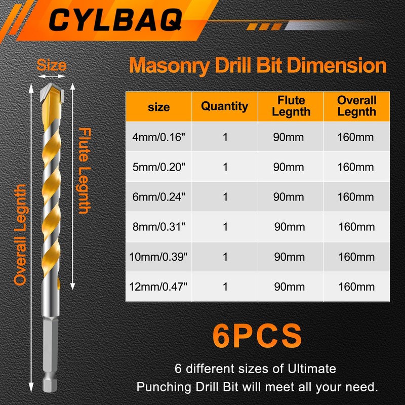 CYLBAQ Carbide Tips Drill Bit Set Hex Shank, 6PCS 160mm