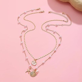Bohemian Puka Shell Necklace,Ocean Style Metal Alloy Starfish Shell Necklace Set, Women's Imitation Pearl Layered Chain Necklace, Summer Beach Holiday Surfer Jewelry (Necklace * 2)