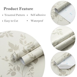 Ismoon Wallpaper Peel and Stick Beige Contact Paper Removable Self-Adhesive Wallpaper Gray Brown Leaf Wallpaper Boho Floral Wallpaper Bathroom Textured Wallpaper for Cabinets Decor Vinyl 17.3inx393in