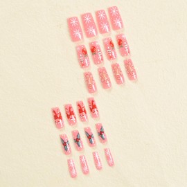 24 Pcs Christmas Press on Nails Medium Square - ZIFANHU Pink Fake Nails Press Ons Nail Art Tips Full Cover Acrylic Glossy False Nails with Snowflake Crutch Candy Design Glue on Nails for Women