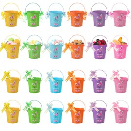 Teenyyou 12 Pcs Mini Easter Metal Buckets with Handle and 60 Ribbons Bunny Metal Buckets 6" x 5.1" Colored Party Favor Pails Easter Decorations for Eggs Hunt Candy Garden Flower Pots