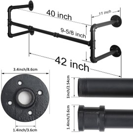 WEBI Clothing Rack Wall Mount,42" Industrial Pipe Clothes Rack for Hanging Clothes,Heavy Duty Iron Garment Rack Bar,Retail Display Clothes Rod for Closet,Laundry Room,4 Base,Black