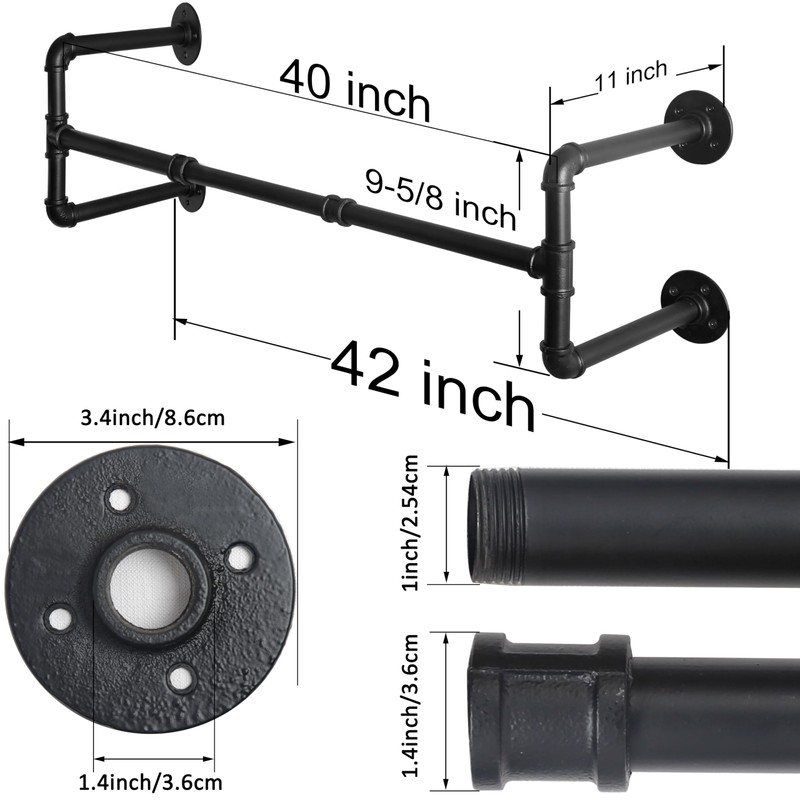 WEBI Clothing Rack Wall Mount,42" Industrial Pipe Clothes Rack for