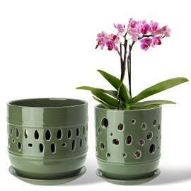 LITUDISO Orchid Pots with Holes, 5+6 Inch Ceramic Orchid Pot, Enhance Good Ventilation and Drainage,Flower Pots for Indoor/Outdoor Plants 2 Pack - Forest Green