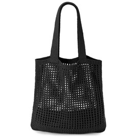 KPX Crochet Tote, Beach Mesh Knitted Shoulder Bag - Large Aesthetic Hobo Bag for Women - Summer (Black, Style W)