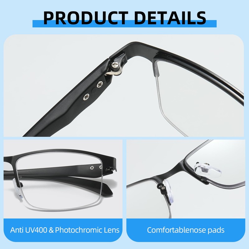 JOLLYNOVA Photochromic Progressive Reading Glasses Men,Half Rim TR90 Temples Blue
