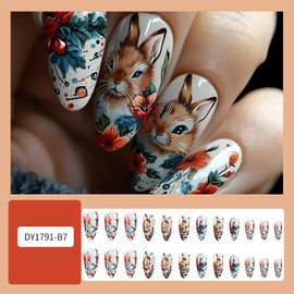 Easter Day Press on Nails Almond Shape Fake Nails with Rabbit Flower Design Medium Length Bunny Press on Nails Glossy Easter Day Fake Nails Cute Easter Rabbit Glue on Nails for Women Girls
