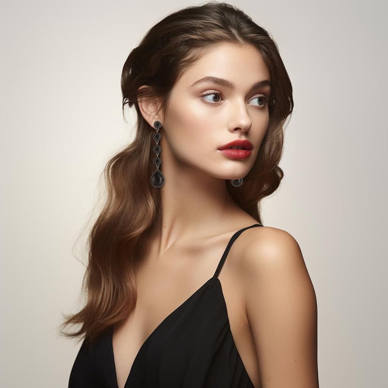 Vintage Black Rhinestone Statement Long Dangle Earrings,Wedding Bridal Elegant Crystal
