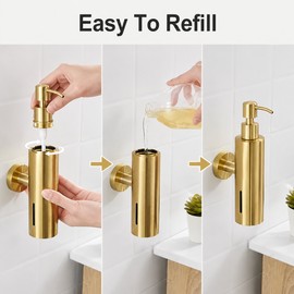 250ML Soap Dispenser for Bathroom - Wall-Mounted Brushed Stainless Steel Manual Pump for Hotel, Kitchen and Restroom Use Gold