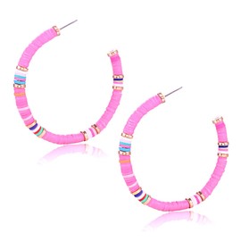 NVENF Rainbow Heishi Beaded Hoop Earrings Colorful Polymer Clay Beads Large Circle Earrings for Women Boho Lightweight Earrings for Summer Beach Vacation (Rose Red)