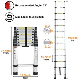 Aluminum Telescoping Ladder with 2 Detachable Roof Hooks, 16.4FT Portable Extension Ladder Multi-Purpose Lightweight Folding Ladder RV Collapsible Ladder, Anti-Slip Feet Attic Ladder, 330 Lb Capacity