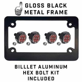 CCP Custom Parts Black Metal License Plate Frame & Hex Tag Bolt Kit - FIRE FIGHTER USA FLAG CROSS