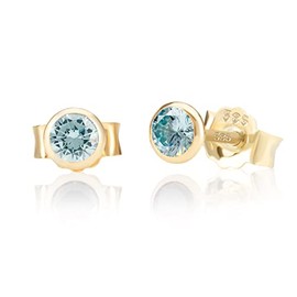 NKlaus Pair 5.0 mm 585 Yellow Gold 14 Carat Stud Earrings Crystal Zirconia Aquamarine Butterfly Clasp Women Girls 11039, Yellow Gold, Zircon