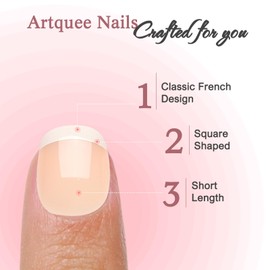 Artquee Real Short Thin French Tip Press on Nails Squoval Clear Nude Fake Nail Art White Edge Glossy False Nail Stick on Fingernails for Women in 12 Sizes - 24pcs