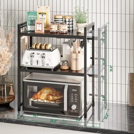 NETEL Expandable Microwave Stand,3 Tier Metal Kitchen Countertop Organizer Shelves with 8 Hooks,Bakers Rack,Microwave Shelf,Microwave Oven Rack,110lbs Weight Capacity