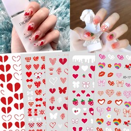 Valentine's Day Nail Stickers Decals Cute Heart Nail Art Decals 3D Self-Adhesive Nail Stickers Heart Strawberry Bow Flower Nail Designs Nail Decals Nail Art Supplies DIY Manicure Decorations 6 Sheets