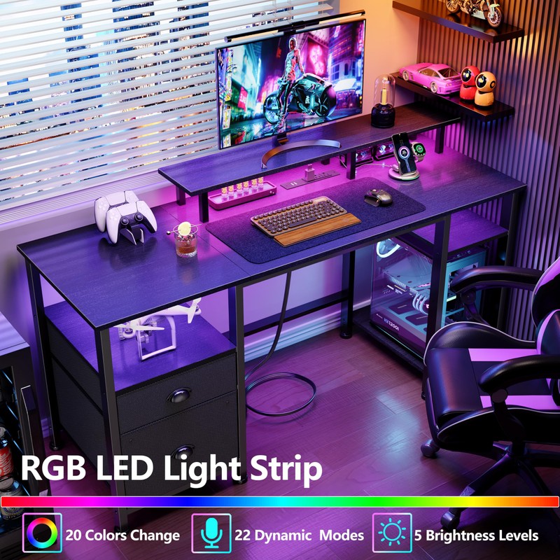 Furologee 51" Gaming Desk with Power Outlets & LED Lights,