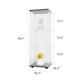 3-Shelf Glass Display Cabinet with Door, Curio Cabinet Collection Display Case 5mm Tempered Glass Floor Standing Bookshelf for Living Room, Bedroom, Office, 16.7" W x 14.3" D x 49.3" H