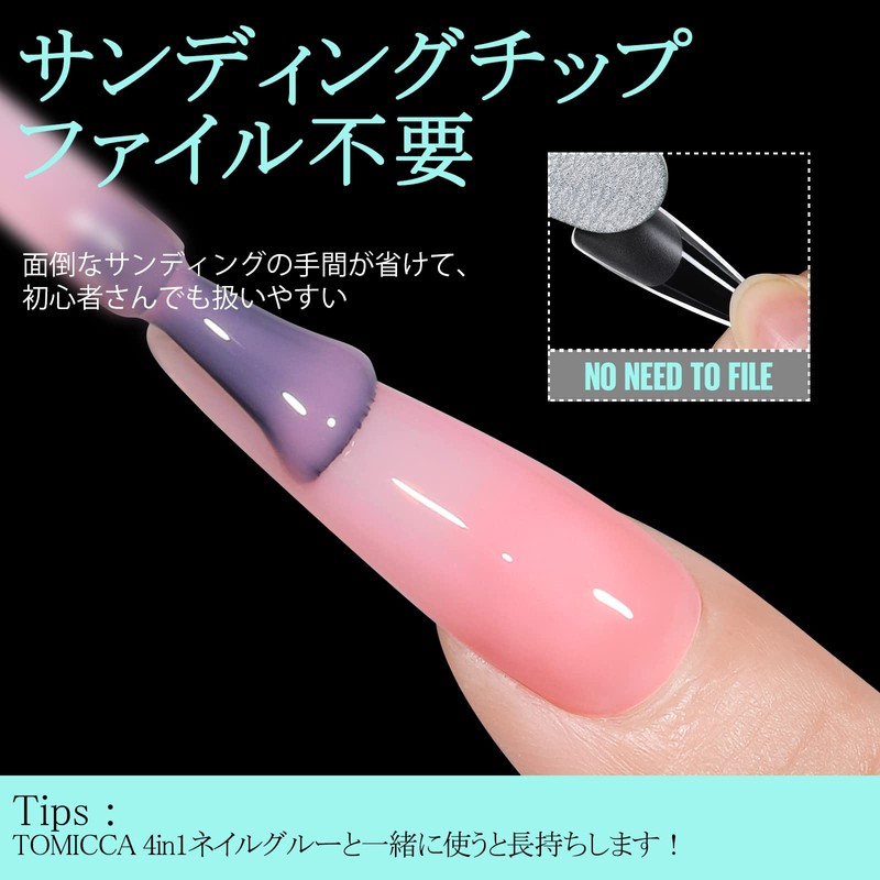 TOMICCA Nail Tips, Long Point, Sanded, 15 Sizes, Clear Tips,