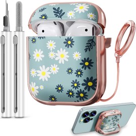 【with Safety Lock】 AirPods 2nd & 1st Generation Case Cover, Daisy Floral AirPod Case Cute Kawaii AirPod 1st/2nd Gen Case for Women Grily with Cleaner Kit AirPods Case - Green Flowers