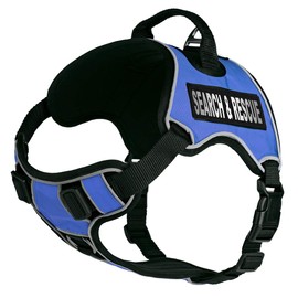 Dogline Quest No-Pull Dog Harness with Search & Rescue Reflective Removable Patches Soft Comfortable Dog Vest with Quick Release Dual Buckles Black Hardware and Handle 36 to 45 inches Blue