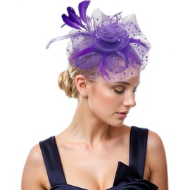 ZMD Fascinators Hat for Women Girls, Tea Party Mesh Flower Feather Kentucky Derby Hats with Headband and Clip Flower Mesh Ribbons Feathers Veil for Women Cocktail Party Tea Wedding (Purple)