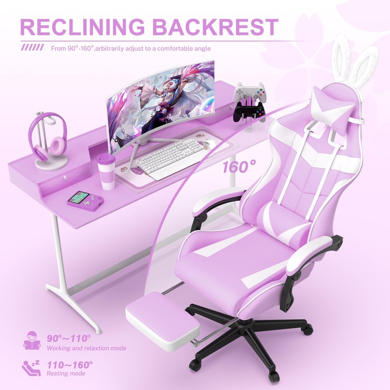 Soontrans Light Purple Gaming Chair with Footrest,Lovely Cute Bunny Computer