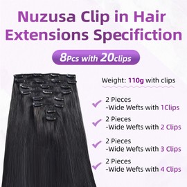 Nuzusa Clip in Hair Extensions Real Human Hair,100% Seamless Remy Human Hair Straight,Clip Extensions for Women, 8pcs Per Set with Double Weft,1B Natural Black,22inch 110g/4oz