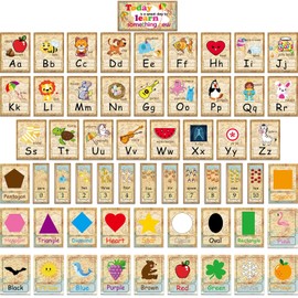 58 Pieces Educational Preschool Cards Kids Early Learning Poster Alphabet Number Colors and Shapes Bulletin Board Decoration Kindergarten Classroom Learning Card with Glue Point Dot (Travel Map Style)