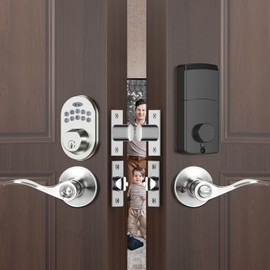 Electronic Deadbolt Keypad with Door Handle Lock Set, Smart Locks for Front Door with Single Cylinder,Drive Right,Front Door Handle and deadbolt Set,Exterior Door Lock Set with Deadbolt, Satin Nickel