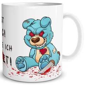 TRIOSK Tasse Horror Teddy Bär Sit-in mit Spruch Du bist lustig Dich töte ich zuletzt Geschenk Spaßtasse für Arbeit Büro Männer Frauen Kollegen, Keramik 300ml