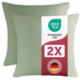 Blumtal Muslin Cushion Cover 80 x 80 cm Set of 2 – Oeko-Tex Certified Muslin Pillowcase 80 x 80 cm, 100% Cotton – Soft Cushion Set Washable at 40 °C – Breathable Summer Cushion Covers Summer Green