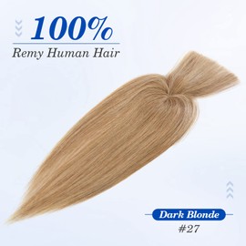 Benehair 150% Density 6 Inch Human Hair Toppers for Women with Bangs Mono Base Clip in Topper Top Hair Pieces for Women with Thinning Hair/Gray Hair/Hair Loss -Dark Blonde #27