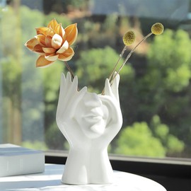 Female Head Vase, Human Body Vase, Small Flower Vase, White Ceramic Vase, Face Vase, Modern Garden Vase, Home and Living Room Decoration, Table Art Statue Indoor and Outdoor