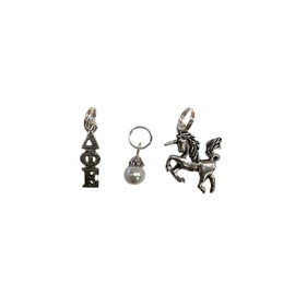 Sorority Greek Delta Phi Epsilon Essential Trio of Charms - DPE Lavaliere, Unicorn Mascot, White Glass Pearl Dangle